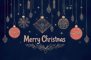 Stylized Christmas ornaments with golden lines on dark blue flat vector background