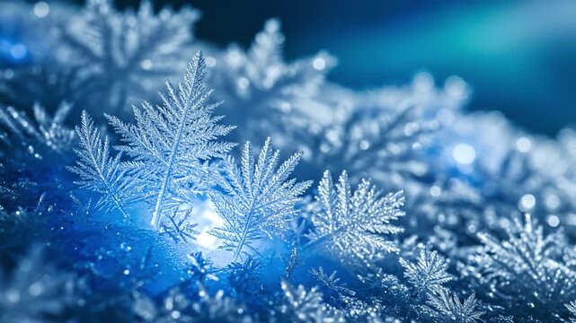 Delicate snowflake frost winter cold ice crystal close up macro frozen nature background with icy blue magical sparkling frost and frozen crystal patterns creating enchanting christmas background - Powered by Adobe