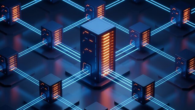 Server racks connected by glowing data cables