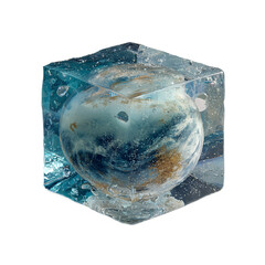 Earth frozen in a block of ice isolated on transparent background