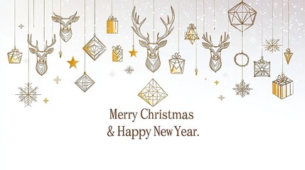Golden line art Christmas decorations on white background for greeting card or banner