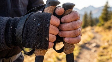 Close up of senior hands holding trekking poles on a mountain trail. Active lifestyle and healthy retirement concept in nature.