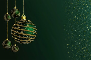Green and gold Christmas background with glitter ornaments for card or banner