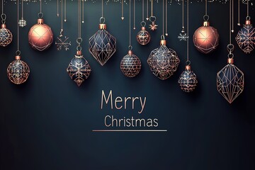 Stylish Christmas background with copper and rose gold geometric ornaments on dark blue