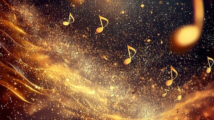Golden light particles and musical notes background for luxury digital designs
