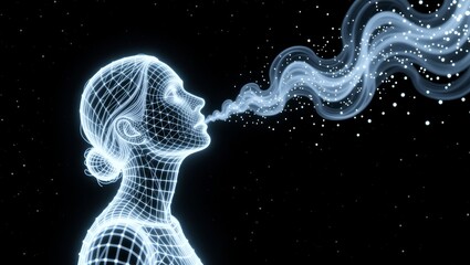 Wireframe woman exhaling particles against dark space