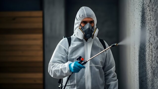Professional in Full Protective Suit Applying Disinfectant or Pesticide to Interior Wall for Comprehensive Pest Control and Sanitation - Powered by Adobe