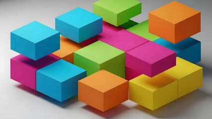 Abstract 3D Composition of Brightly Colored Floating Cubes and Blocks on a White Surface, Symbolizing Digital Construction, Development, and Problem Solving