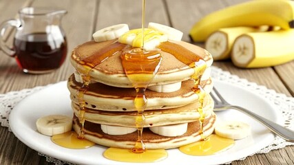 Delicious banana pancakes dripping with golden syrup, a breakfast delight and culinary masterpiece