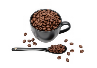 Roasted coffee beans in a black cup and spoon, isolated on transparent background