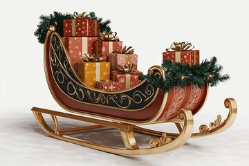 Realistic Christmas sleigh with gifts isolated on transparent background as PNG