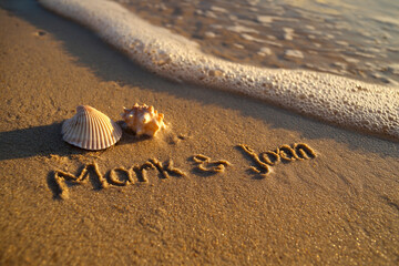 Mark and Joan Names Written in Smooth Beach Sand with Soft Pastel Coastal Glow – ideal for romantic announcements