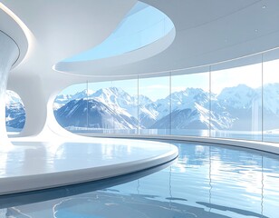Modern, futuristic interior space overlooking snowy mountains and water
