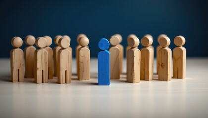 Unique Blue Figure Standing Out Among Wooden People Representing Individuality and Leadership in a Group Setting
