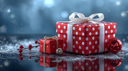 Festive Christmass gifts with red polka dot wrapping, set on a snowy surface against a blurred bokeh background. Perfect for holday promotions & winter season greetings.