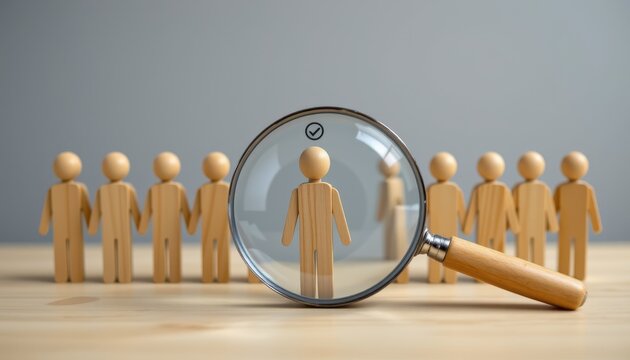 Focused Human Resource Selection Process with Magnifying Glass on Wooden Figure Group