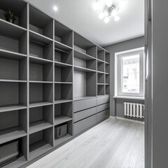 Modern gray built-in closet with shelves and drawers