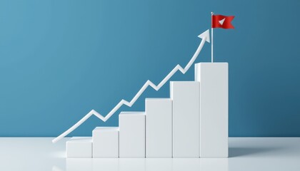 Fototapeta premium Growth Chart Representation with White Blocks and Red Flag on Blue Background Showing Progress and Achievement