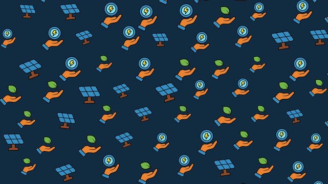 Seamless Pattern of Renewable Energy Icons on Dark Blue Background.