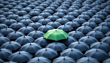 Vibrant Green Umbrella Standing Out Amidst a Sea of Dark Blue Umbrellas in a Unique Urban Setting