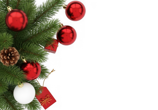 Festive christmas tree branch with ornaments isolated on transparent background