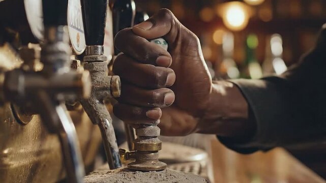 Close Up Hand Pulling Vintage Dusty Beer Tap Handle in Dark Bar