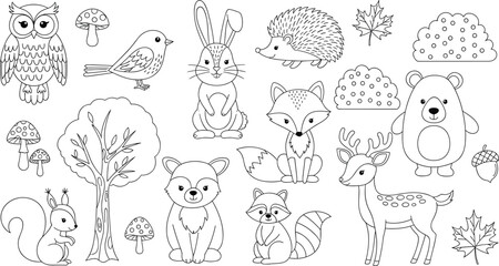 Naklejka premium Cute Forest Woodland Animals and Nature Elements Set, Owl, Fox, Deer, Bear, Rabbit, Squirrel, and Raccoon, Black Line Art Vector Illustration for Kids Coloring Book