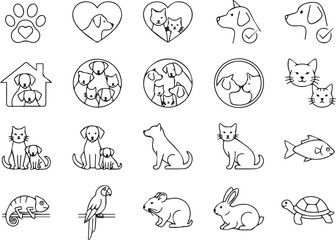 Simple Line Pet and Animal Icons Set for Veterinary Care and Online Store Interface Design