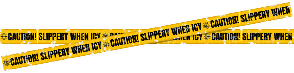 Yellow Caution Tape with &ldquo;Caution! Slippery When Icy&rdquo; Text and White Paint Splatter&ndash; Winter Safety Warning Barrier Ribbon for Ice Hazard, Slippery Surface Alert, Isolated on Transparent Background