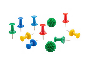 Colorful pushpins and decorative pins scattered on a transparent background