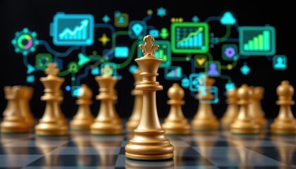 Golden Chess Pieces in Focus with Digital Data Visualizations on a Black Background