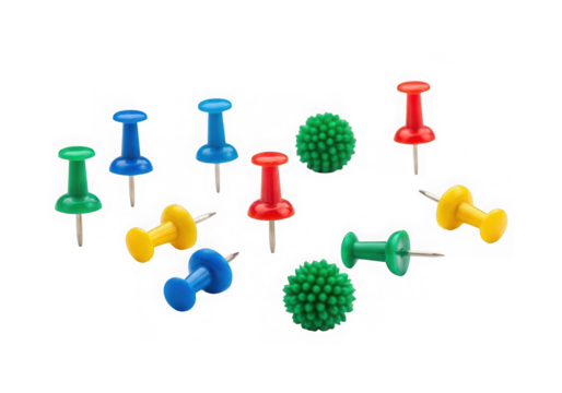 Colorful pushpins and decorative pins scattered on a transparent background
