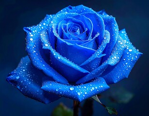 Deep blue rose in full bloom, covered with water droplets, against a blurry, blue background
