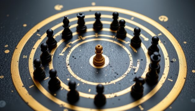 Intricate Chess Board with Black and Gold Design Featuring Central Pawn Among Surrounding Pieces