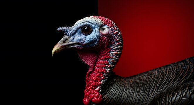 Close-up of a turkey head showing its vibrant colors and textures against a dark background - Powered by Adobe
