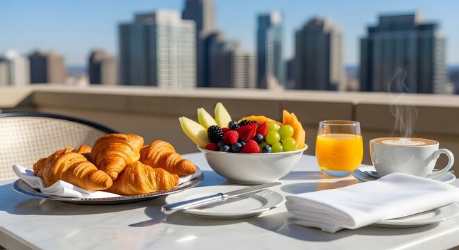 Delicious breakfast with croissants, fruit, and coffee on a rooftop terrace overlooking a city skyline. - Powered by Adobe