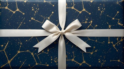 Elegant Christmas gift wrapped in deep blue paper with a stunning gold constellation pattern and a beautiful cream ribbon bow. Perfect holiday season background for festive celebrations and special