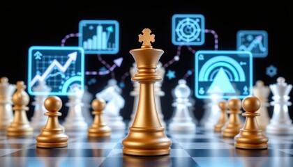 Golden chess king standing prominently among pawns with digital graphs and abstract designs in a modern strategic concept scene