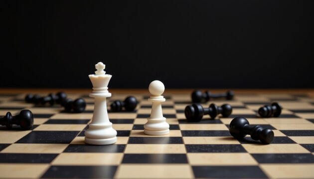 White chess pieces on a chessboard with black pieces scattered around, symbolizing strategy and competition in gameplay