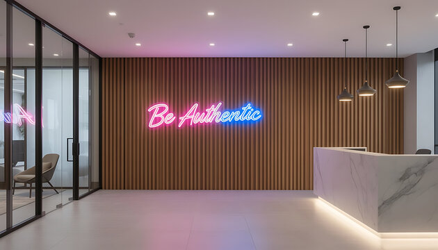 Modern office interior with stylish design and neon sign promoting authenticity, in a contemporary office setting.