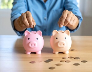 Person depositing coins in two piggy banks on a wooden surface