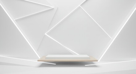 Minimalist stage with clean lines, glowing accents, and a floating platform