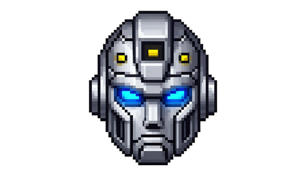 Pixelated Robot Head with Glowing Blue Eyes on a White Background - Powered by Adobe