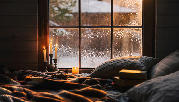 Fototapeta Cozy winter home interior with candles glowing by large frosted windows