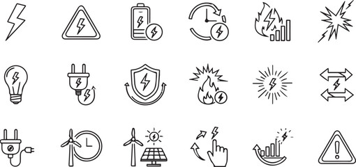 Electricity and Energy Line Icons Set: Power, Charging, Sustainable Sources, Danger, and Efficiency Vector Graphics.
