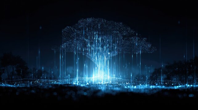 A glowing, digital tree stands out against a dark background, surrounded by shimmering strands of light, evoking a sense of technology and nature intertwined.