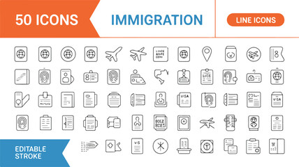 A clean and professional vector icon set illustrating themes of international relocation, legal documentation, and border crossing