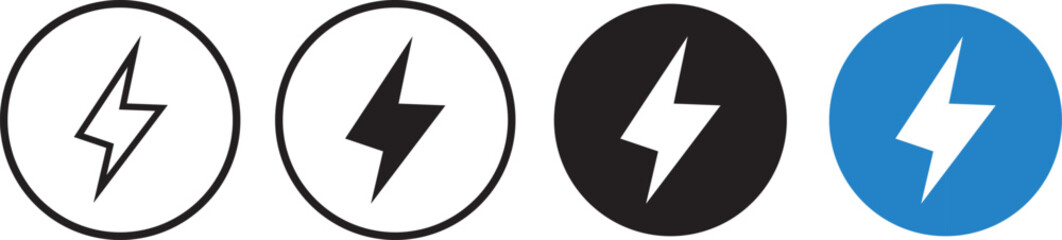 Set of black and white lightning bolt icons, Electricity and Lightning Prohibition Sign, power icon energy icon sign, Outline thunderbolt symbol illustration,
