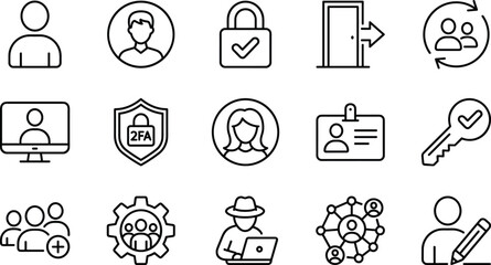 Set of Black Line Icons for User Profile, Account Security, Identity Verification, 2FA, User Management, Login, and Authorization