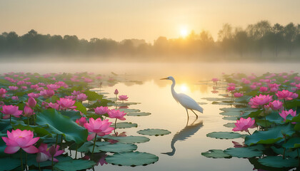 Scenic nature view of a white egret in a lake with pink lotus flowers, sunrise and misty background.